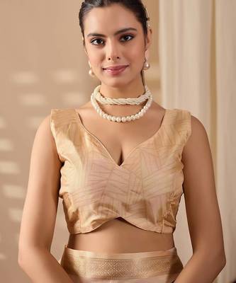 Beige printed soft lichi silk saree with zari woven border | traditional festival wear saree with contrast blouse 5