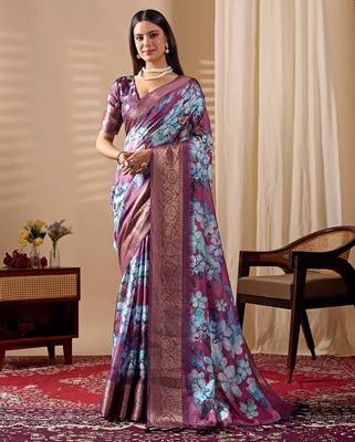 Blue soft lichi silk saree with floral prints & rich zari woven border | trendy festive wear saree with contrast blouse 1