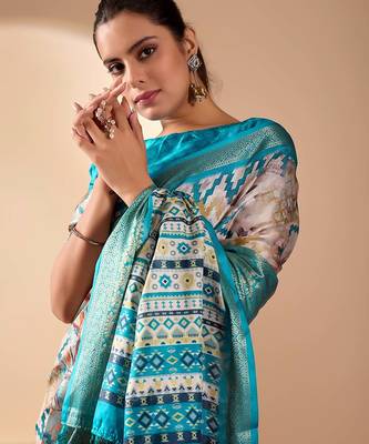 Beige lichi silk saree with digital print & rich zari woven border | designer festival wear with blouse 3