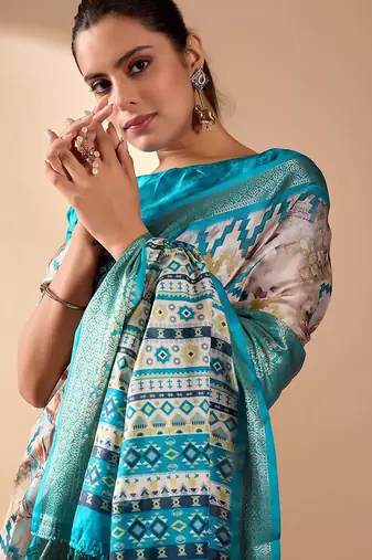 Beige lichi silk saree with digital print & rich zari woven border | designer festival wear with blouse