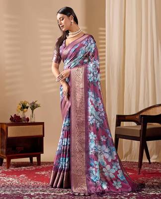 Blue soft lichi silk saree with floral prints & rich zari woven border | trendy festive wear saree with contrast blouse 2