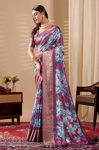 Blue soft lichi silk saree with floral prints & rich zari woven border | trendy festive wear saree with contrast blouse