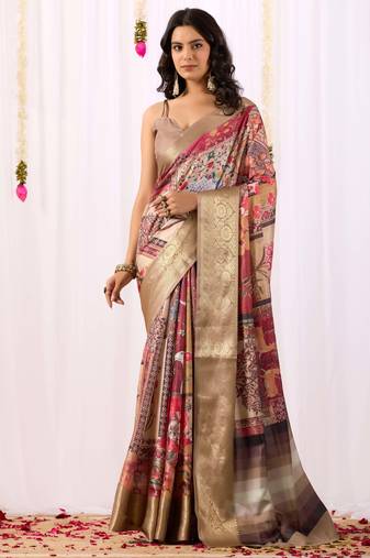 Beige soft lichi silk saree with elegant tribal art print & rich zari border | festive & traditional wear