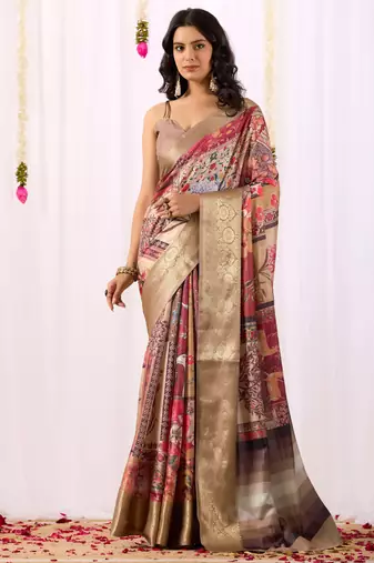 Beige soft lichi silk saree with elegant tribal art print & rich zari border | festive & traditional wear