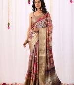 Beige soft lichi silk saree with elegant tribal art print & rich zari border | festive & traditional wear