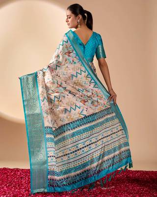 Beige lichi silk saree with digital print & rich zari woven border | designer festival wear with blouse 4