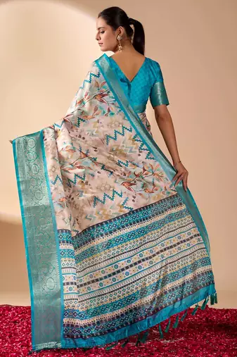 Beige lichi silk saree with digital print & rich zari woven border | designer festival wear with blouse