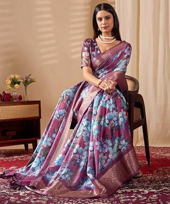 Blue soft lichi silk saree with floral prints & rich zari woven border | trendy festive wear saree with contrast blouse 3