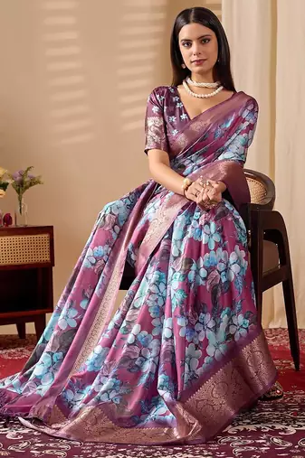 Blue soft lichi silk saree with floral prints & rich zari woven border | trendy festive wear saree with contrast blouse