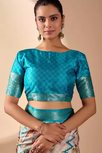 Beige lichi silk saree with digital print & rich zari woven border | designer festival wear with blouse
