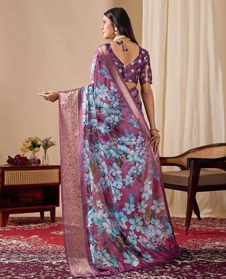 Blue soft lichi silk saree with floral prints & rich zari woven border | trendy festive wear saree with contrast blouse 4