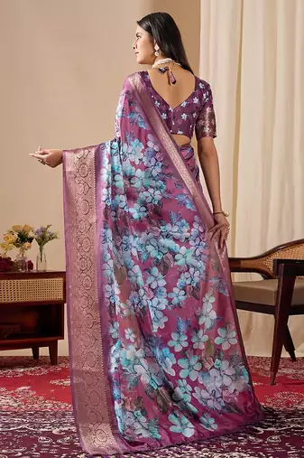 Blue soft lichi silk saree with floral prints & rich zari woven border | trendy festive wear saree with contrast blouse
