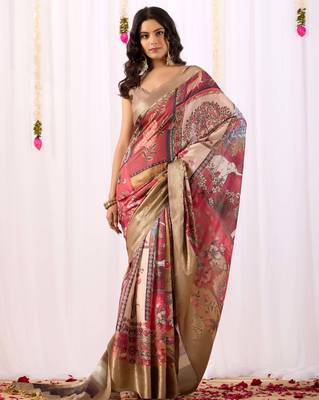 Beige soft lichi silk saree with elegant tribal art print & rich zari border | festive & traditional wear 2