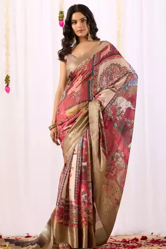 Beige soft lichi silk saree with elegant tribal art print & rich zari border | festive & traditional wear