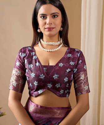 Blue soft lichi silk saree with floral prints & rich zari woven border | trendy festive wear saree with contrast blouse 5