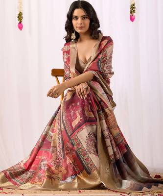 Beige soft lichi silk saree with elegant tribal art print & rich zari border | festive & traditional wear 3