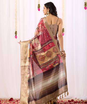 Beige soft lichi silk saree with elegant tribal art print & rich zari border | festive & traditional wear 4