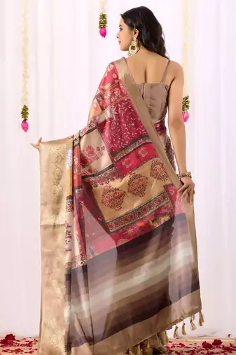 Beige soft lichi silk saree with elegant tribal art print & rich zari border | festive & traditional wear