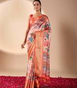 Peach lichi silk saree with floral print & patola pallu | designer zari border | with blouse
