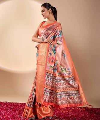 Peach lichi silk saree with floral print & patola pallu | designer zari border | with blouse 2