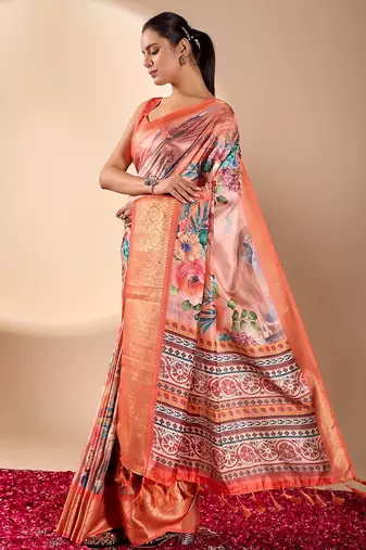 Peach lichi silk saree with floral print & patola pallu | designer zari border | with blouse