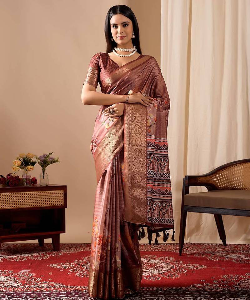 Dusty rose soft lichi silk printed saree with patola motifs & woven border | traditional patola saree with blouse