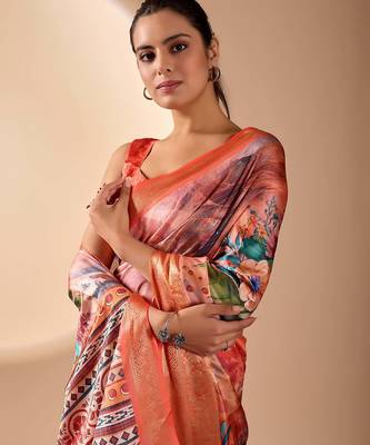 Peach lichi silk saree with floral print & patola pallu | designer zari border | with blouse 3
