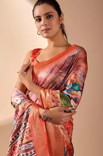 Peach lichi silk saree with floral print & patola pallu | designer zari border | with blouse