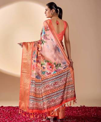 Peach lichi silk saree with floral print & patola pallu | designer zari border | with blouse 4
