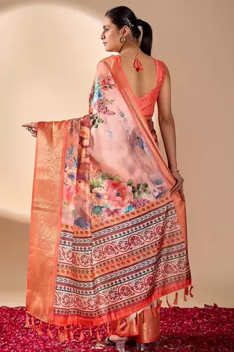 Peach lichi silk saree with floral print & patola pallu | designer zari border | with blouse