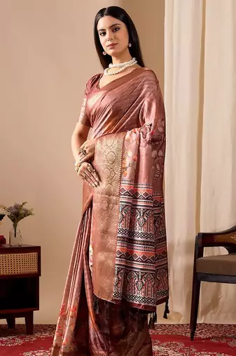 Dusty rose soft lichi silk printed saree with patola motifs & woven border | traditional patola saree with blouse
