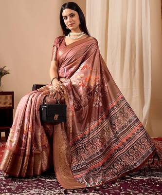 Dusty rose soft lichi silk printed saree with patola motifs & woven border | traditional patola saree with blouse 3