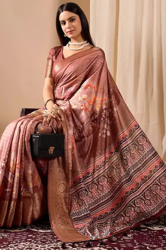 Dusty rose soft lichi silk printed saree with patola motifs & woven border | traditional patola saree with blouse