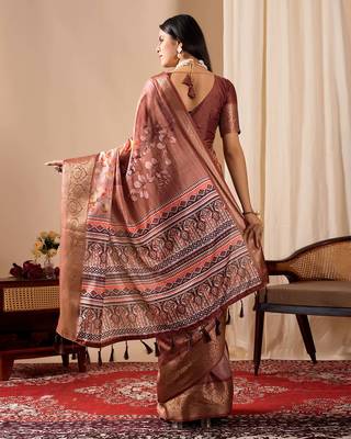 Dusty rose soft lichi silk printed saree with patola motifs & woven border | traditional patola saree with blouse 4