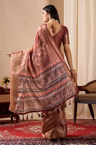 Dusty rose soft lichi silk printed saree with patola motifs & woven border | traditional patola saree with blouse