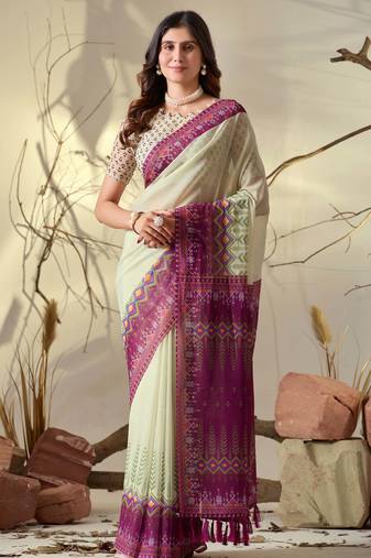 Pista green soft georgette saree with artistic digital border & tasseled pallu | designer printed saree with blouse