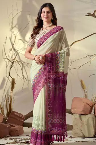 Pista green soft georgette saree with artistic digital border & tasseled pallu | designer printed saree with blouse