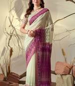 Pista green soft georgette saree with artistic digital border & tasseled pallu | designer printed saree with blouse