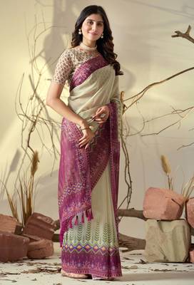 Pista green soft georgette saree with artistic digital border & tasseled pallu | designer printed saree with blouse 2