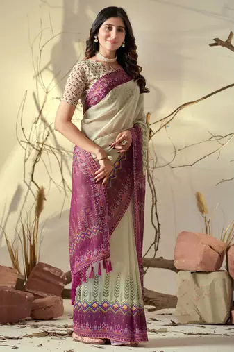 Pista green soft georgette saree with artistic digital border & tasseled pallu | designer printed saree with blouse