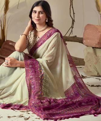 Pista green soft georgette saree with artistic digital border & tasseled pallu | designer printed saree with blouse 3