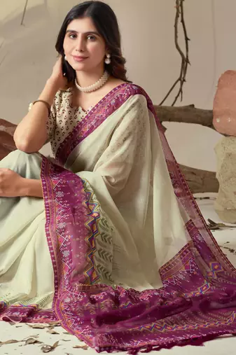 Pista green soft georgette saree with artistic digital border & tasseled pallu | designer printed saree with blouse