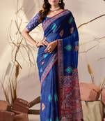 Royal blue soft georgette saree with geometric digital print & contrast border | party wear saree with printed blouse