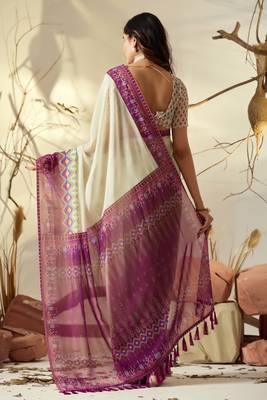 Pista green soft georgette saree with artistic digital border & tasseled pallu | designer printed saree with blouse 4