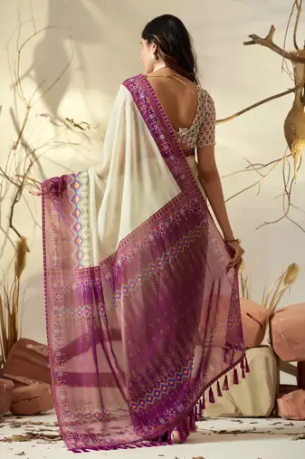 Pista green soft georgette saree with artistic digital border & tasseled pallu | designer printed saree with blouse