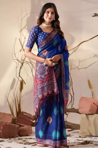 Royal blue soft georgette saree with geometric digital print & contrast border | party wear saree with printed blouse