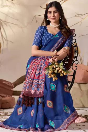 Royal blue soft georgette saree with geometric digital print & contrast border | party wear saree with printed blouse