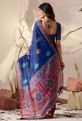 Royal blue soft georgette saree with geometric digital print & contrast border | party wear saree with printed blouse 4