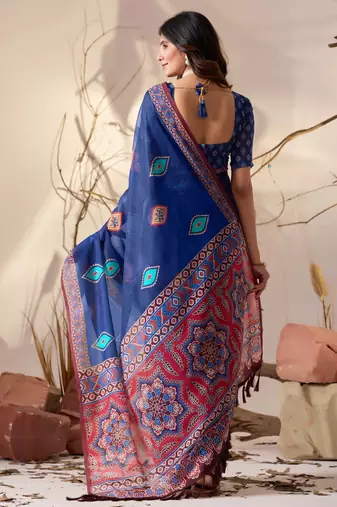 Royal blue soft georgette saree with geometric digital print & contrast border | party wear saree with printed blouse