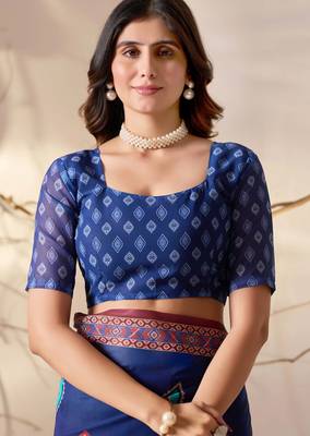 Royal blue soft georgette saree with geometric digital print & contrast border | party wear saree with printed blouse 5